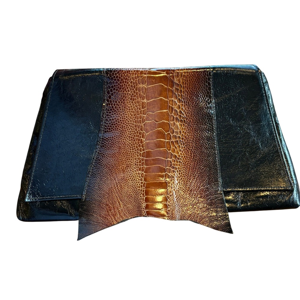 Kemestry Black Patent Leather‎ Ostrich Skin Accent Clutch Evening Handbag